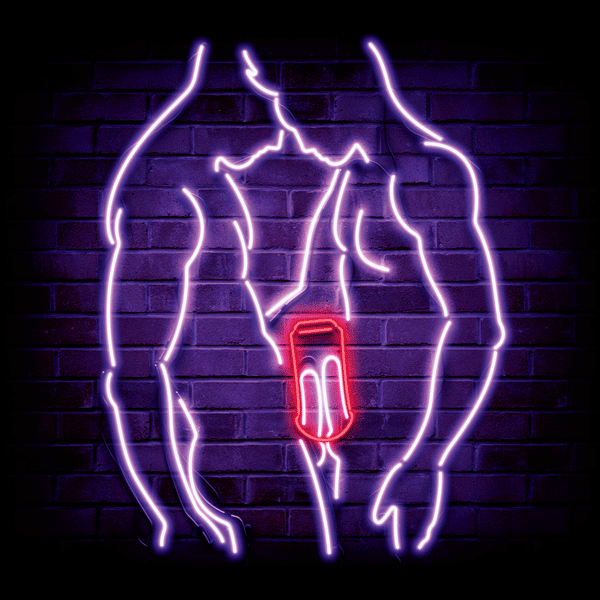 Neon animation of two standing men using CockBlock