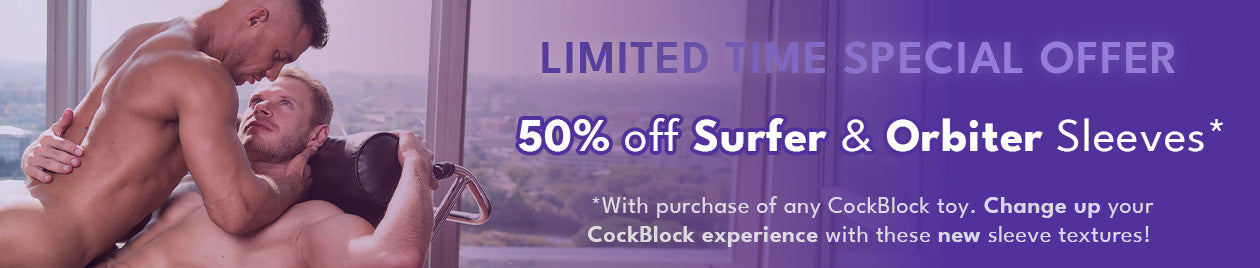 Advertisement for limited time special offer on CuckBlock products with a man holding another man.