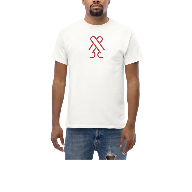 Model wearing the white CockBlock® Logo Tee, front view