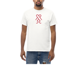 Model wearing the white CockBlock® Logo Tee, front view